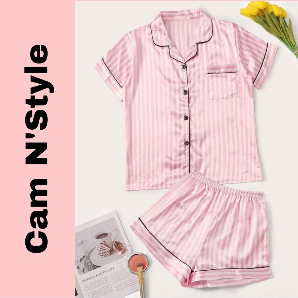 New Pink Striped Satin Silk-Like PJ Set​ - Picture 2 of 5